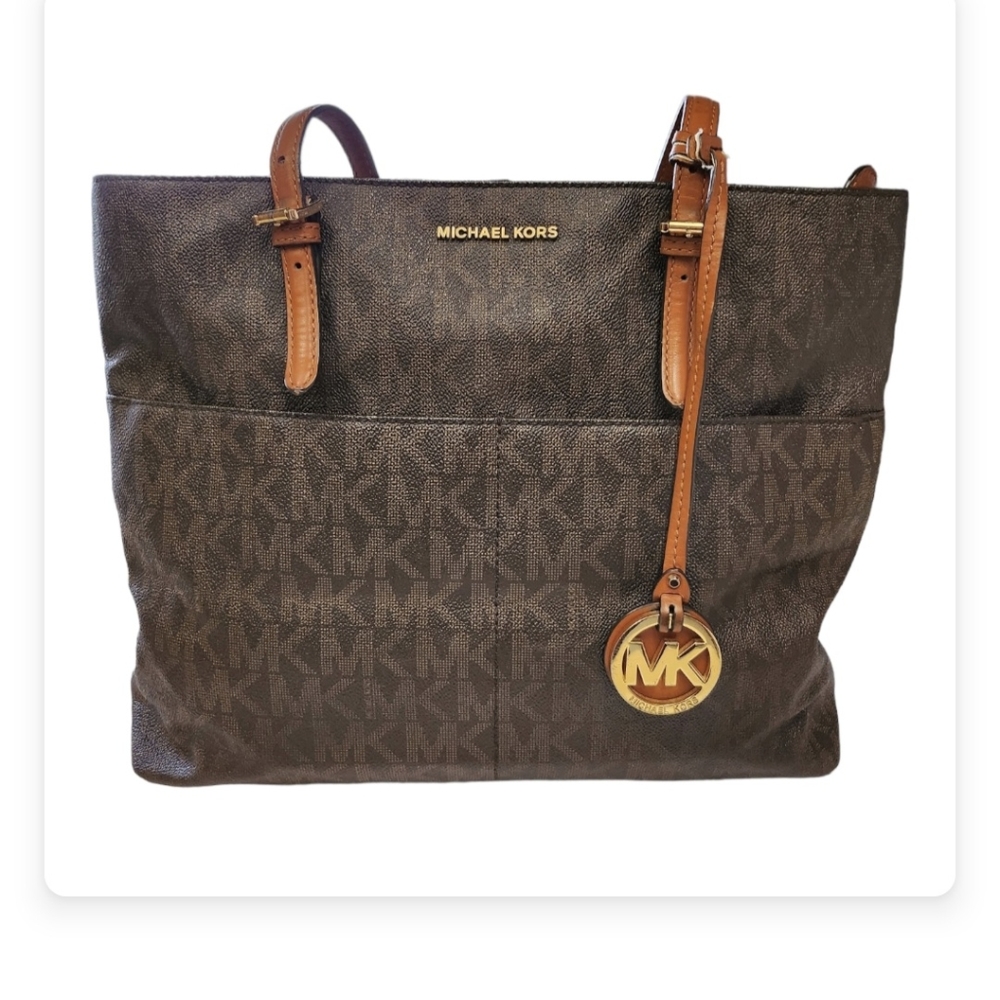 MICHAEL Michael Kors Brown Logo Tote with Tan Leather Accents